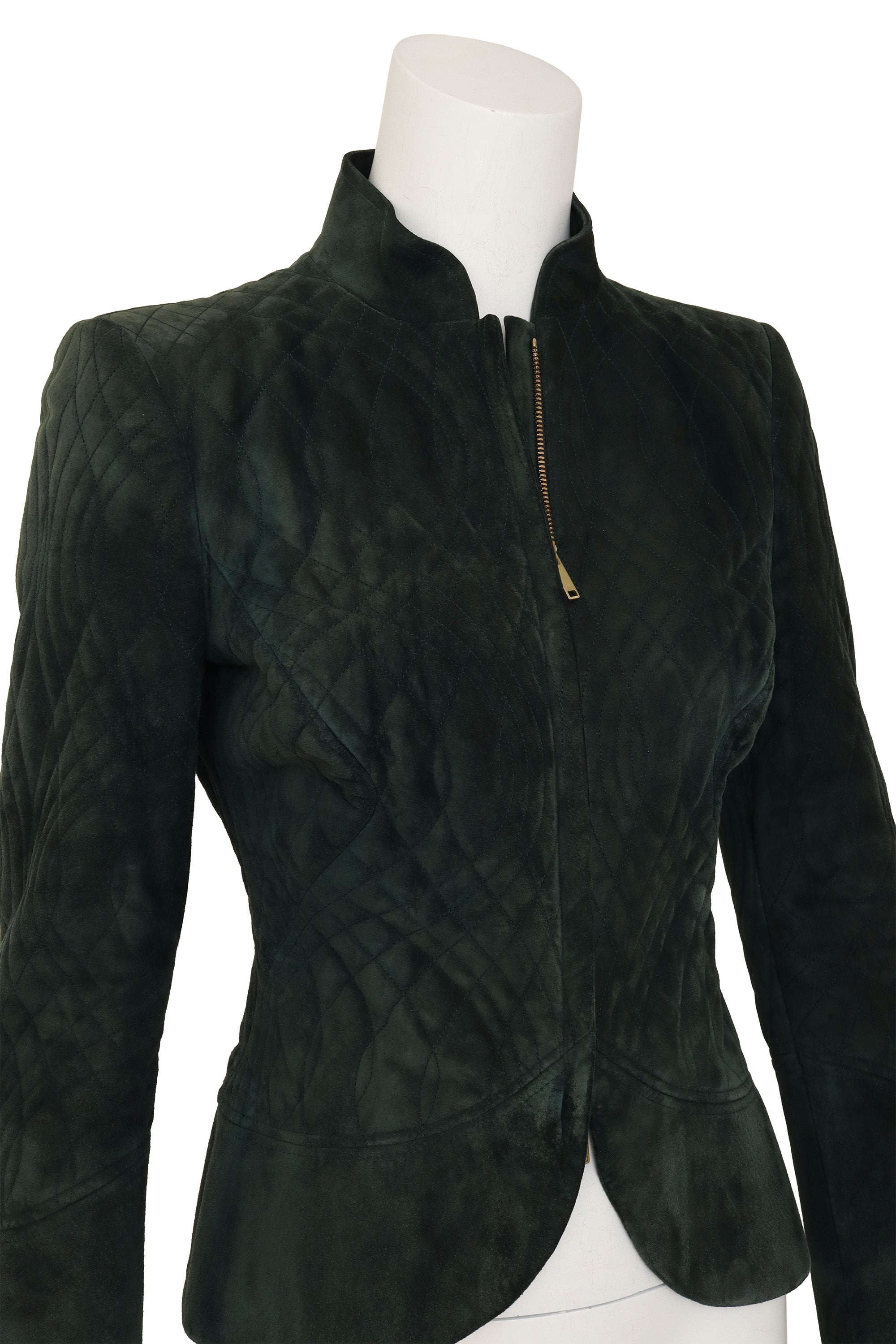 Quilted suede jacket by Gucci on mannequin close @ Recess LA