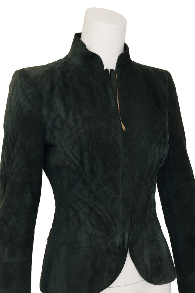 Quilted suede jacket by Gucci on mannequin close @ Recess LA