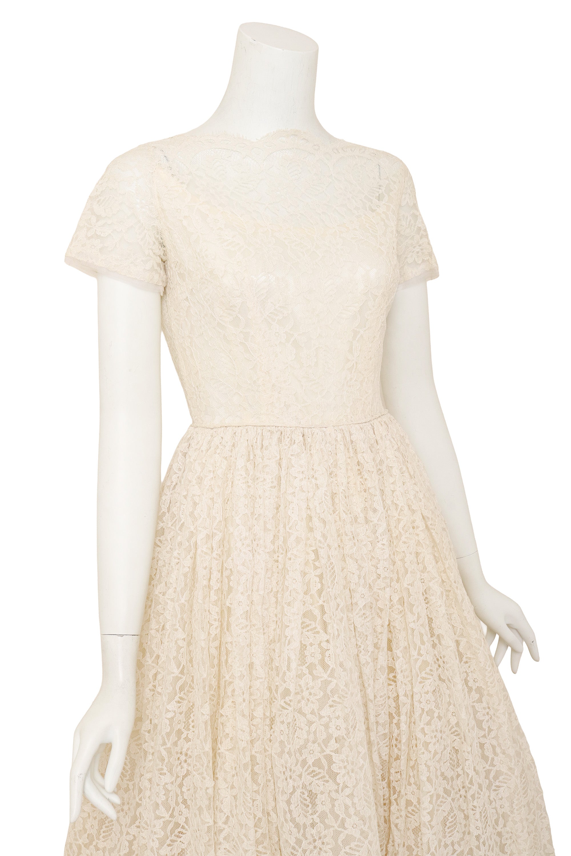 Lace Tea Length Wedding Dress closeup on mannequin @ Recess LA