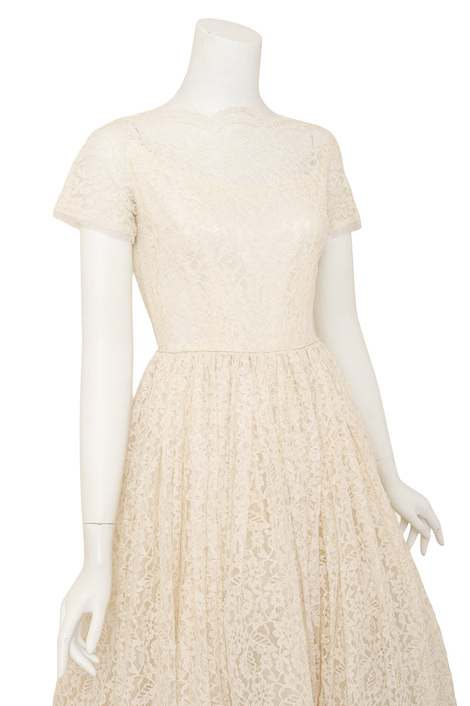 Lace Tea Length Wedding Dress closeup on mannequin @ Recess LA