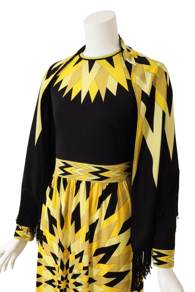 Vintage Mr. Dino Geometric Sunburst Shawl Dress with shawl close up @ Recess LA