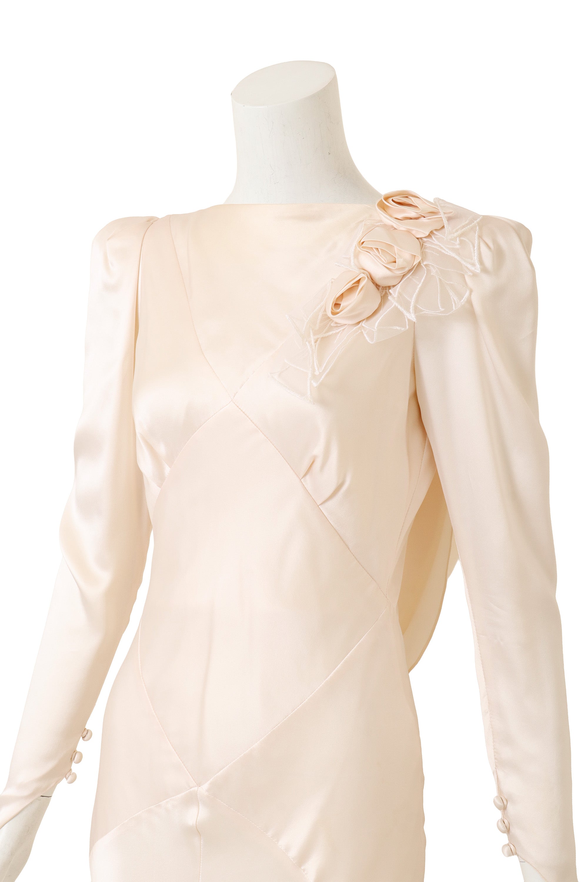 Vintage Bias Cut Draped Wedding Gown by David Fielden on mannequin close @ Recess LA