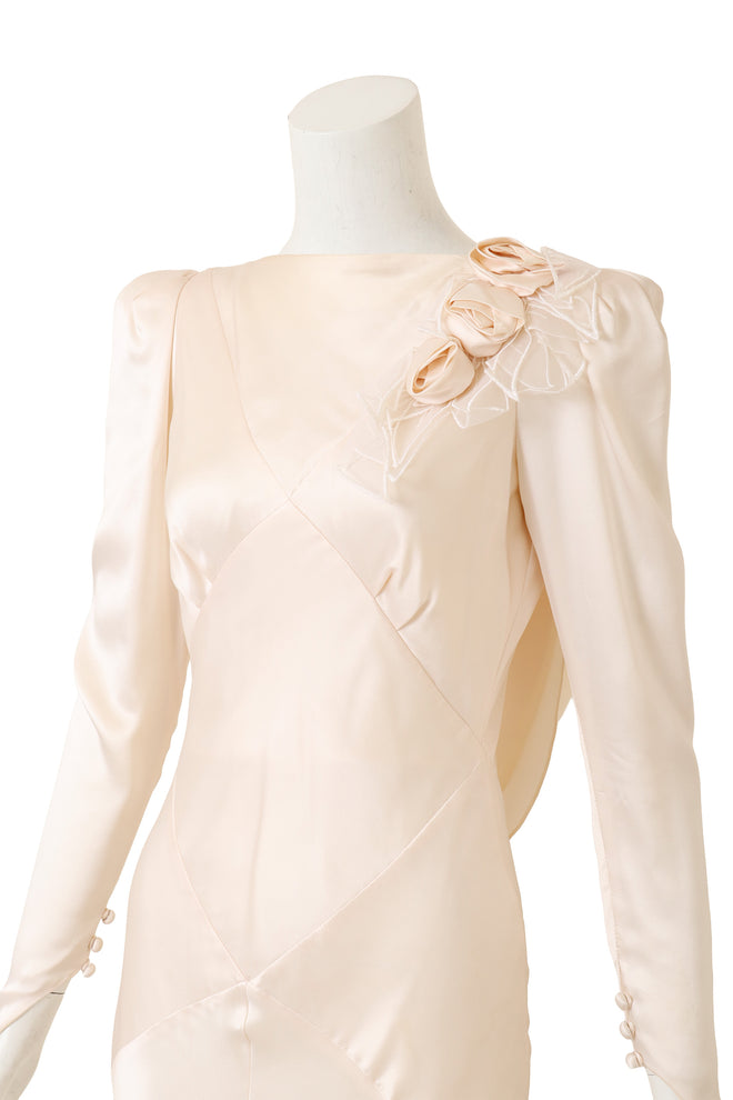Vintage Bias Cut Draped Wedding Gown by David Fielden on mannequin close @ Recess LA