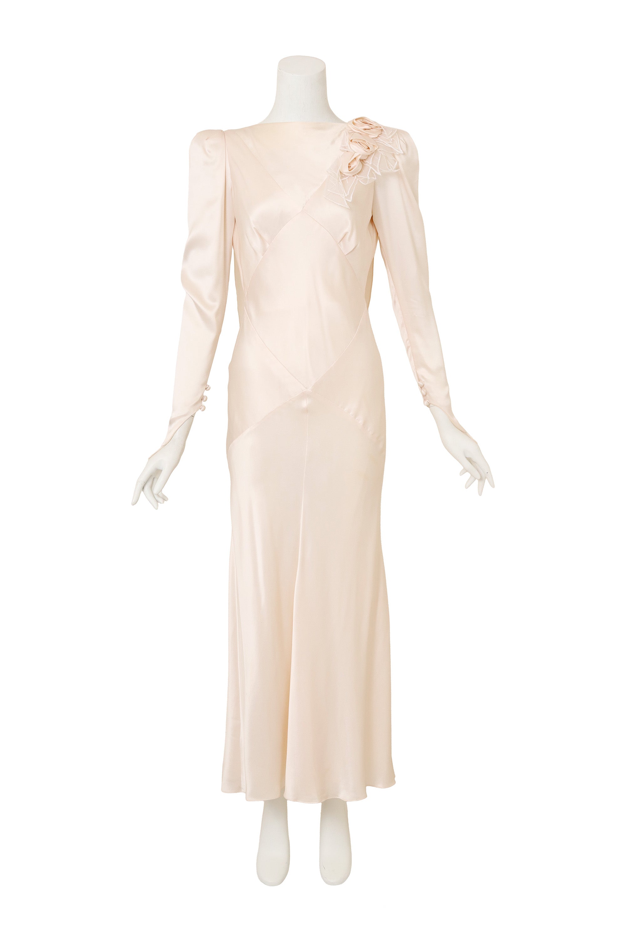 Bias Cut Draped Wedding Gown by David Fielden on mannequin @ Recess LA