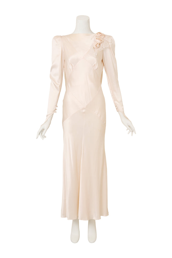 Bias Cut Draped Wedding Gown by David Fielden on mannequin @ Recess LA