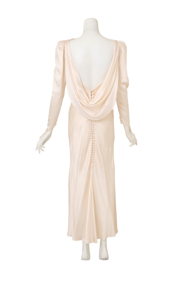 Vintage Bias Cut Draped Wedding Gown by David Fielden on mannequin back @ Recess LA