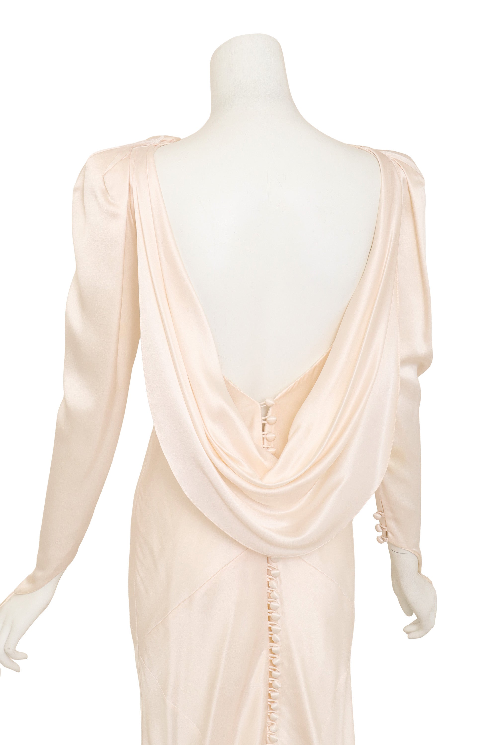 Vintage Bias Cut Draped Wedding Gown by David Fielden on mannequin back close @ Recess LA