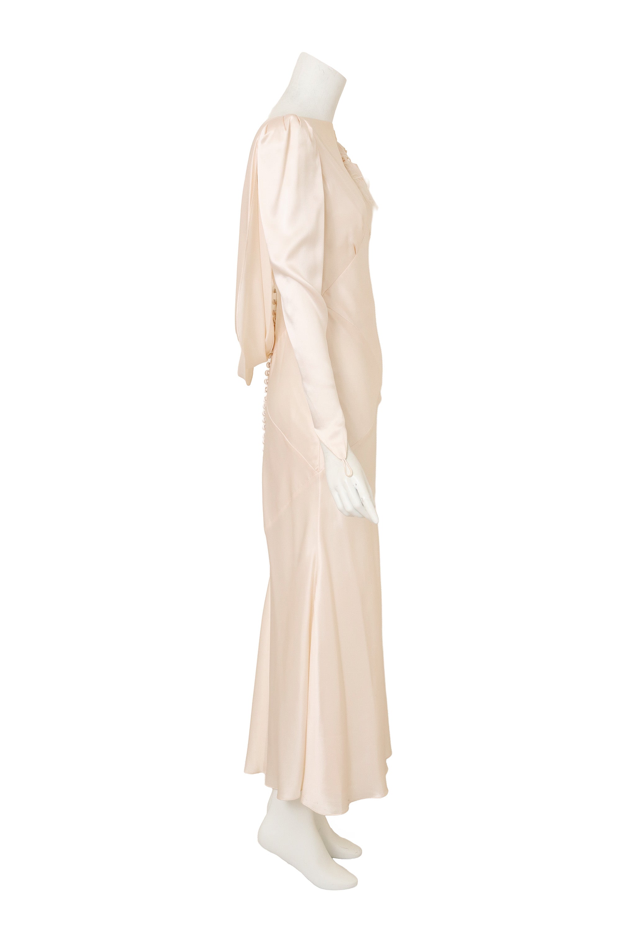 Vintage Bias Cut Draped Wedding Gown by David Fielden on mannequin side @ Recess LA