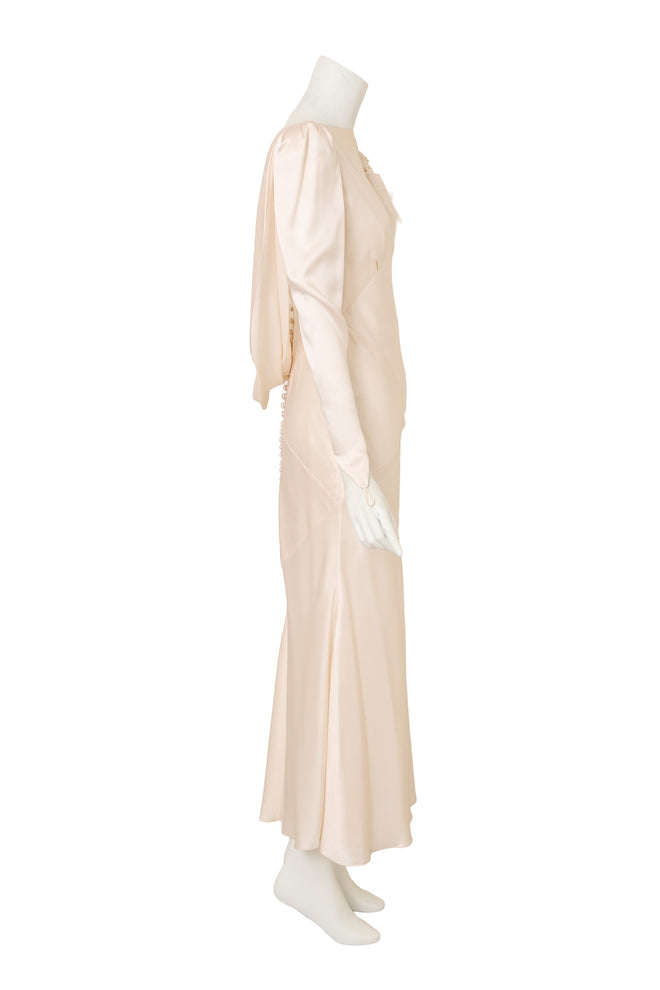 Vintage Bias Cut Draped Wedding Gown by David Fielden on mannequin side @ Recess LA