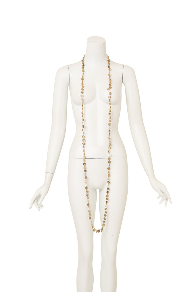 Vintage Julie Rubano Long Coin Charm Necklace on mannequin @ Recess LA