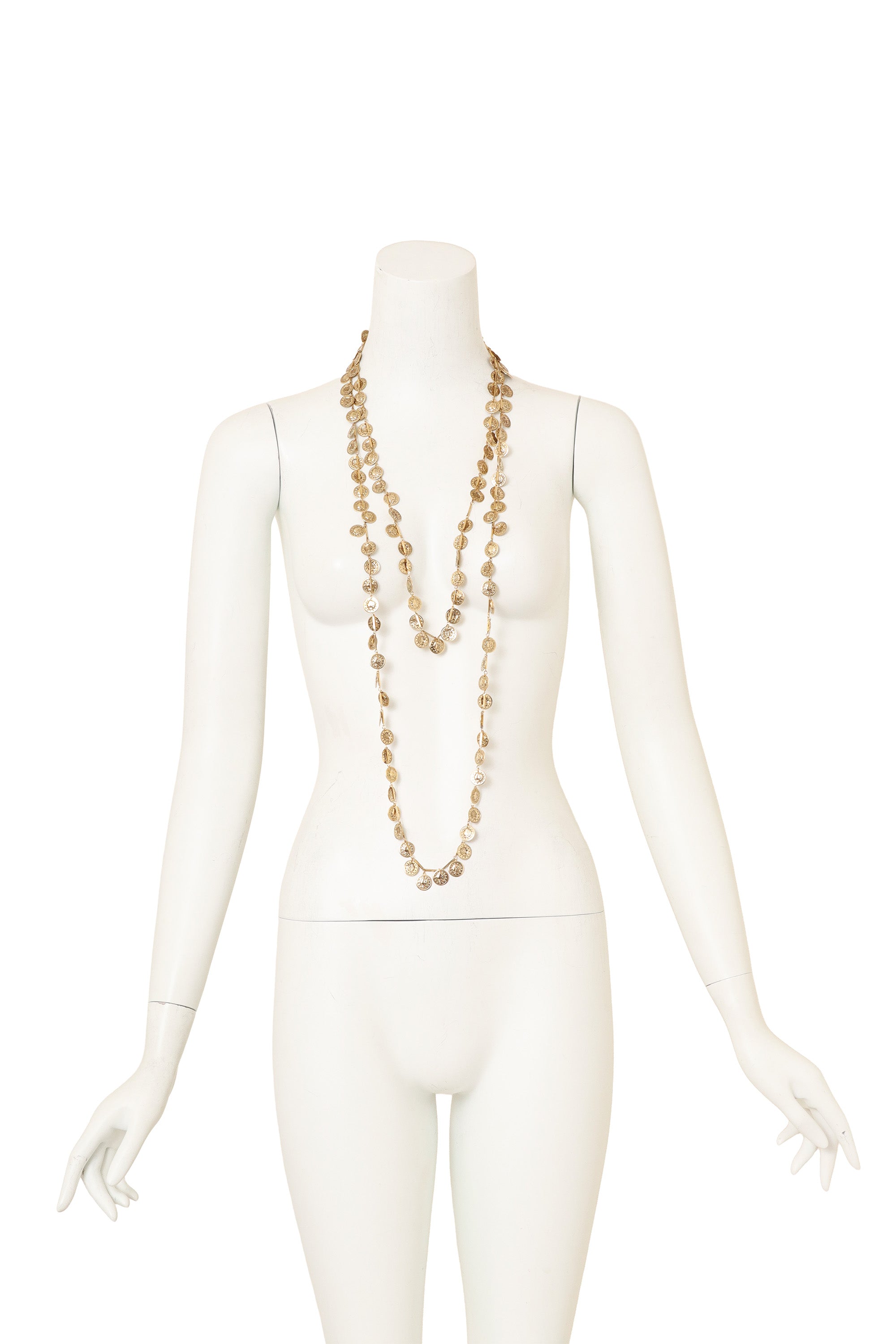 Vintage Julie Rubano Long Coin Charm Necklace on mannequin doubled @ Recess LA