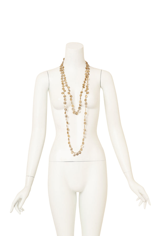 Vintage Julie Rubano Long Coin Charm Necklace on mannequin doubled @ Recess LA