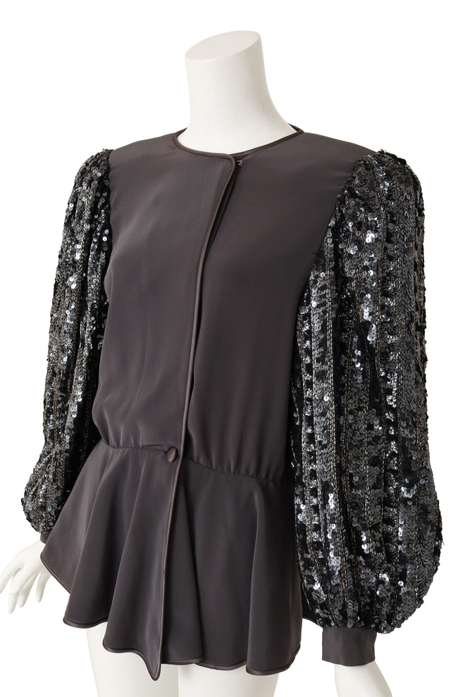 sequin sleeve jacket by Della Roufogali on mannequin close @ Recess LA