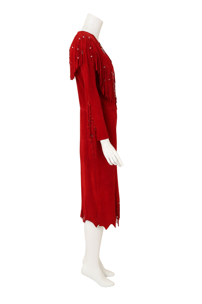 Suede Fringe Western Dress by Clifford Olson side of mannequin @ Recess LA