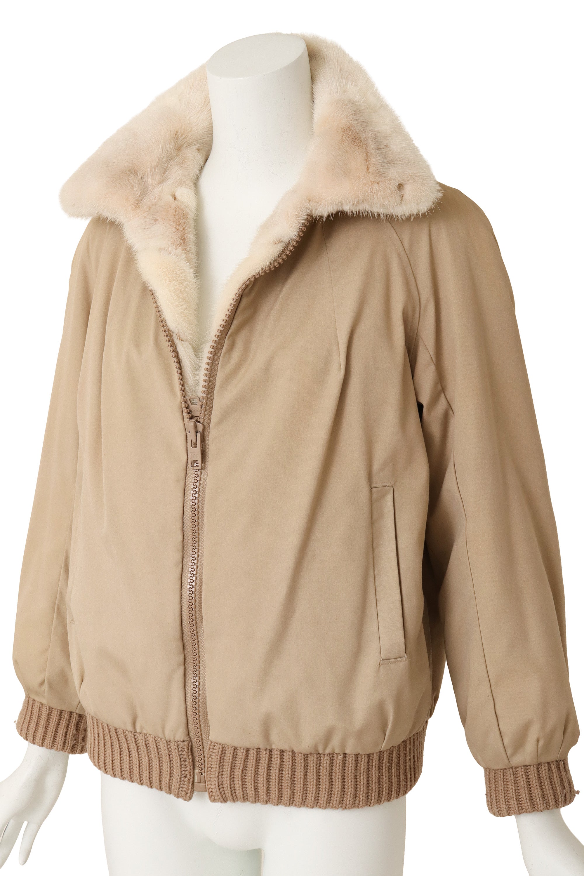 Reversible fur jacket by Robinsons on mannequin khaki side @ Recess LA