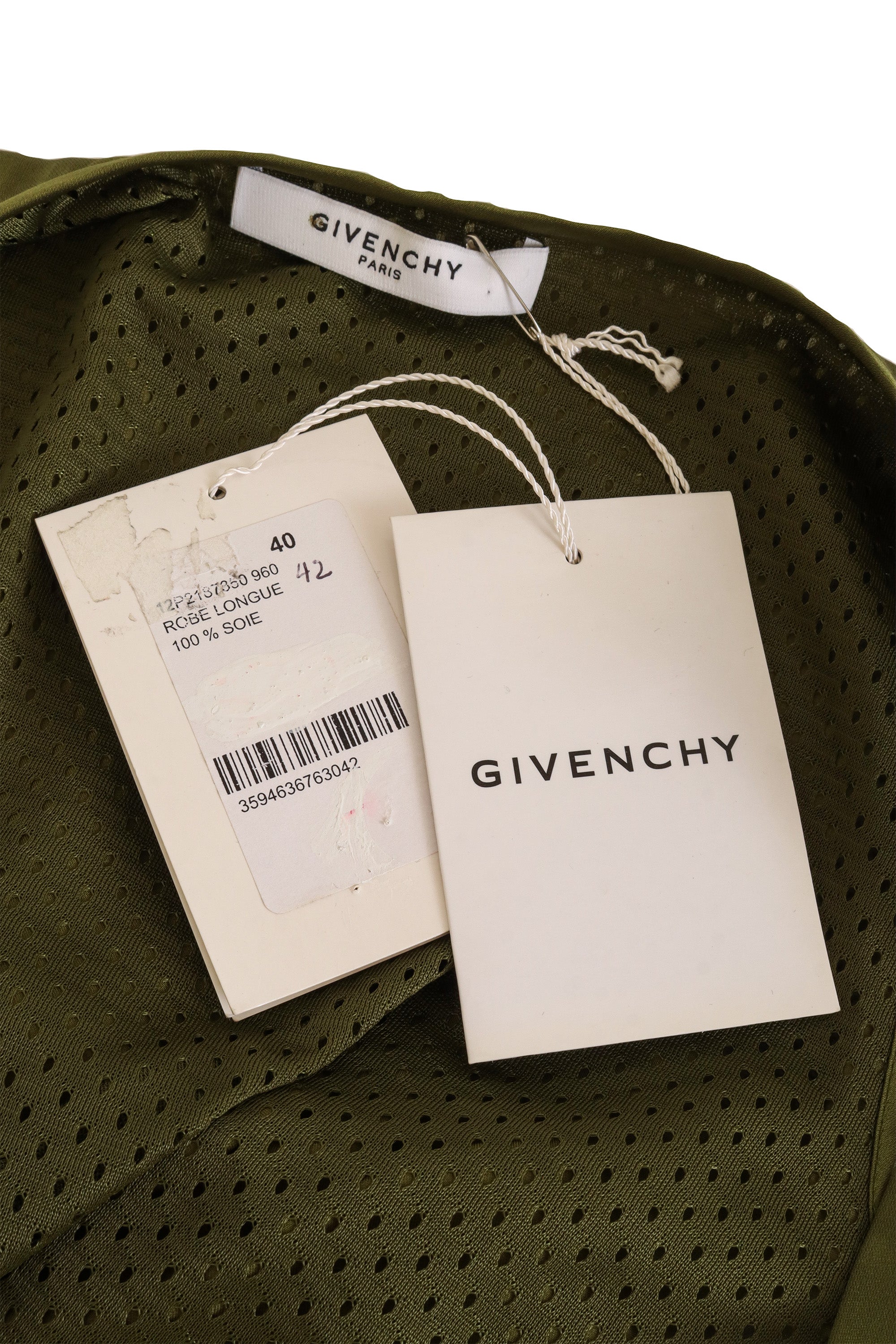 Givenchy Olive Silk Bias Gown tags @ Recess LA