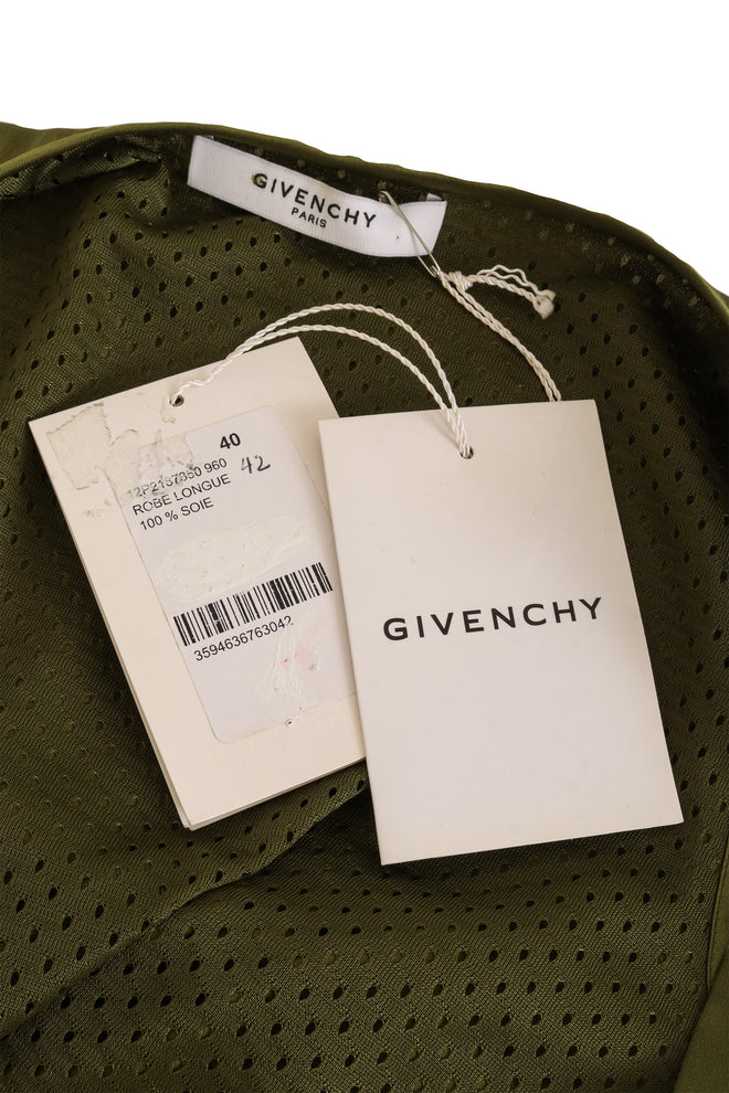 Givenchy Olive Silk Bias Gown tags @ Recess LA