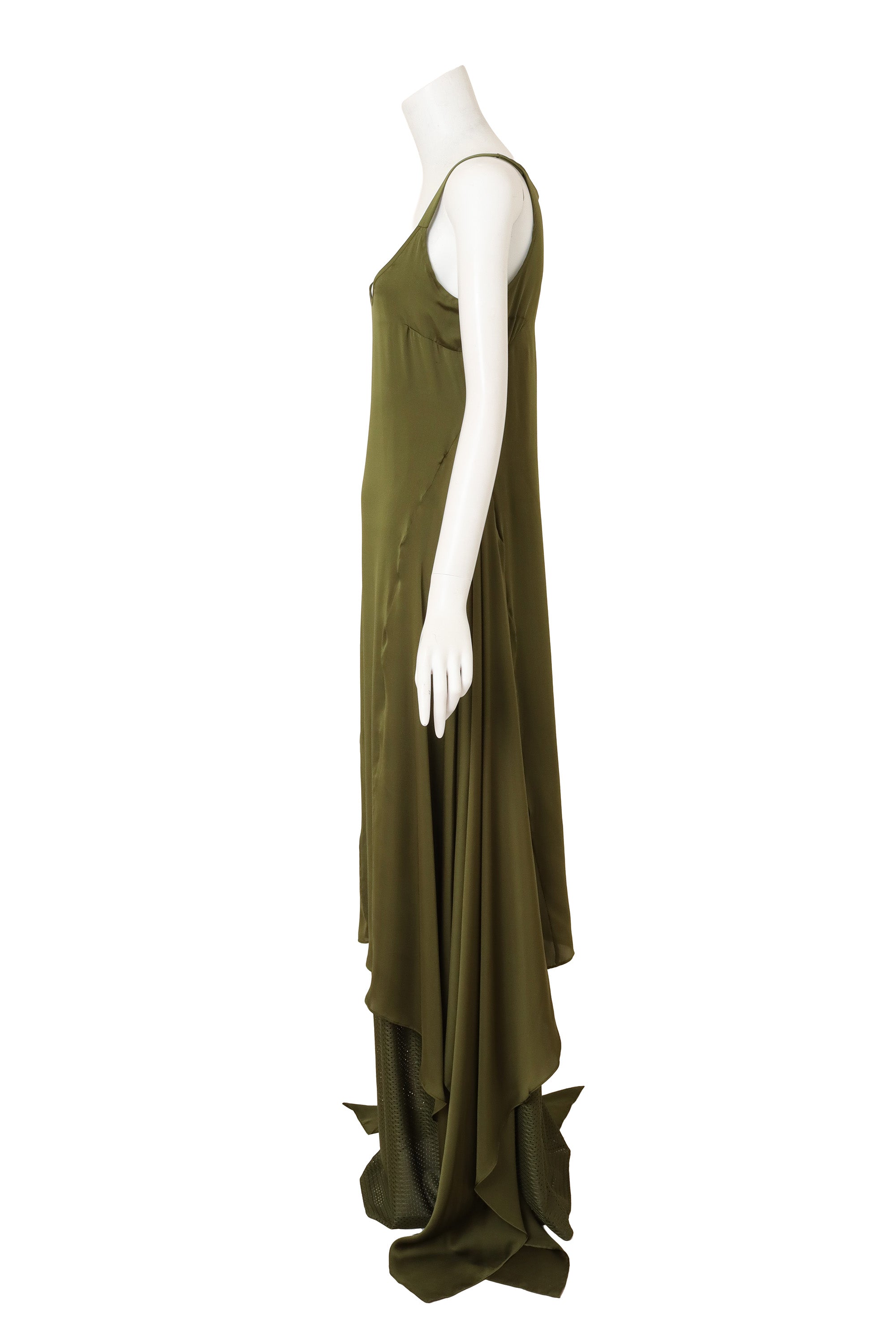 Givenchy Olive Silk Bias Gown on mannequin side @ Recess LA