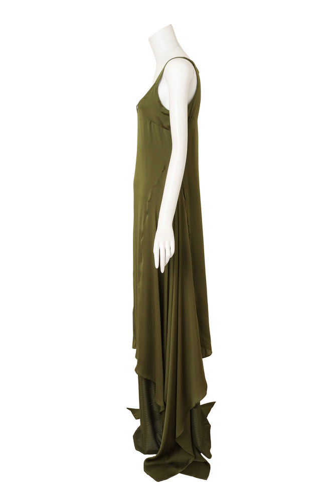 Givenchy Olive Silk Bias Gown on mannequin side @ Recess LA