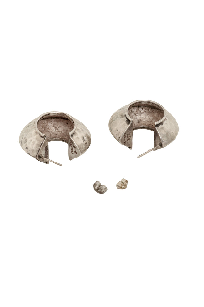 Vintage Sterling Hammered Crescent Hoop Earrings  backs off @ Recess LA