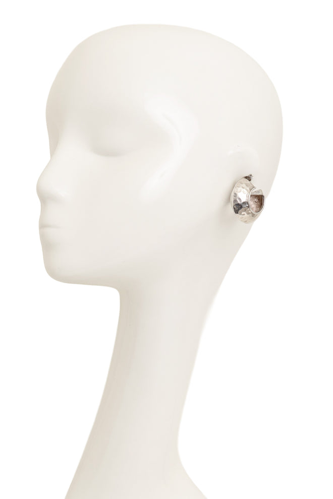 Vintage Sterling Hammered Crescent Hoop Earrings on mannequin @ Recess LA