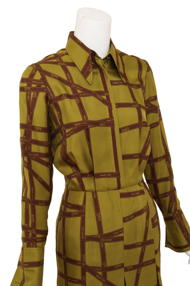 Hermes Silk Ribbon Print Shirt Dress closeup on mannequin @ Recess LA