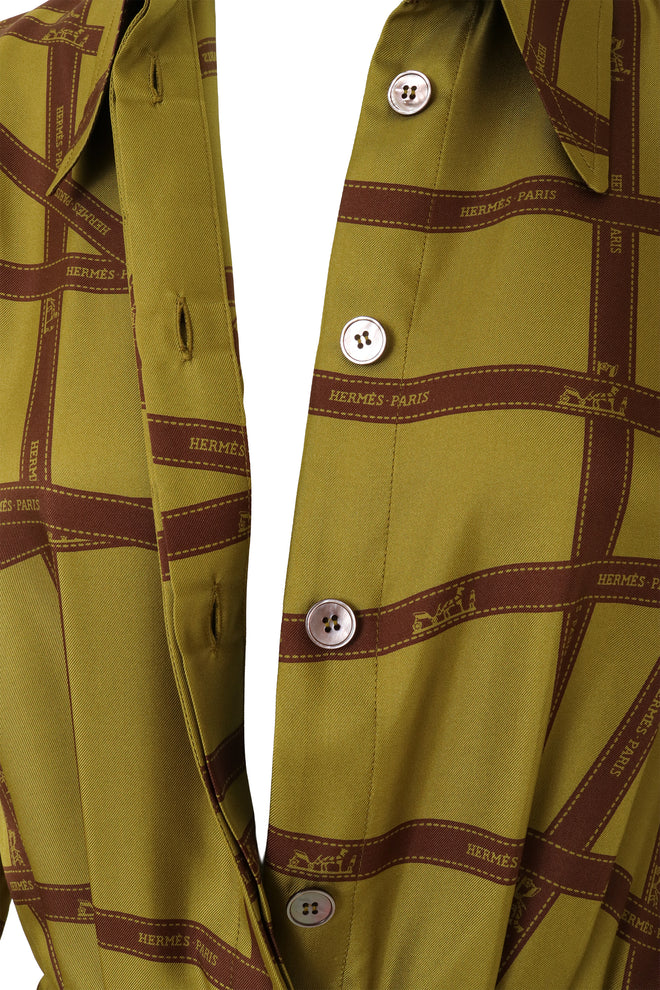 Hermes Silk Ribbon Print Shirt Dress closeup @ Recess LA