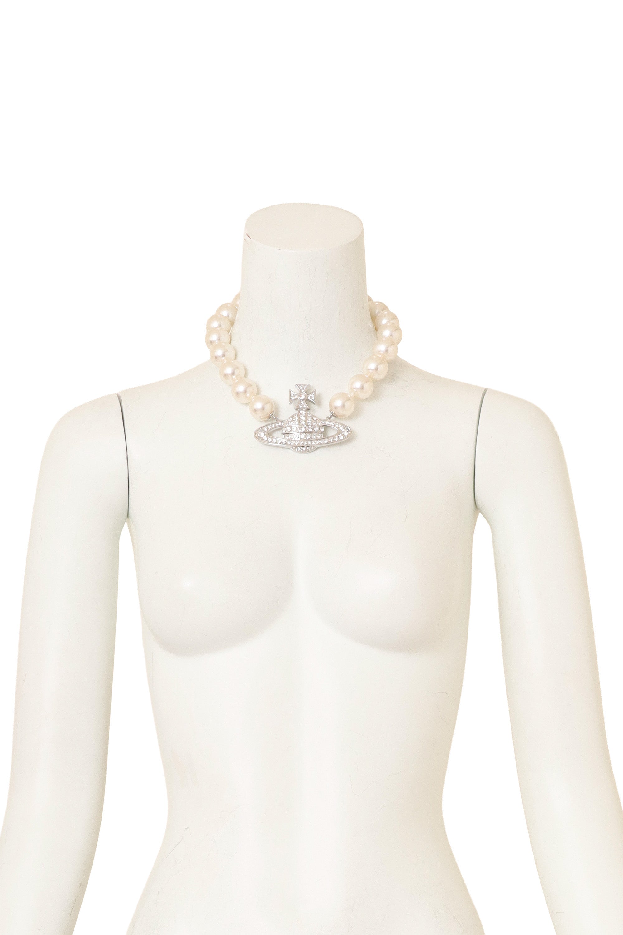 Vivienne Westwood Neysa Pearl Crystal Saturn Necklace on mannequin @ Recess LA