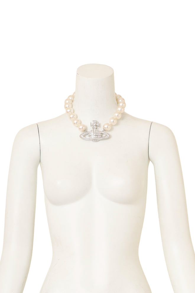 Vivienne Westwood Neysa Pearl Crystal Saturn Necklace on mannequin @ Recess LA