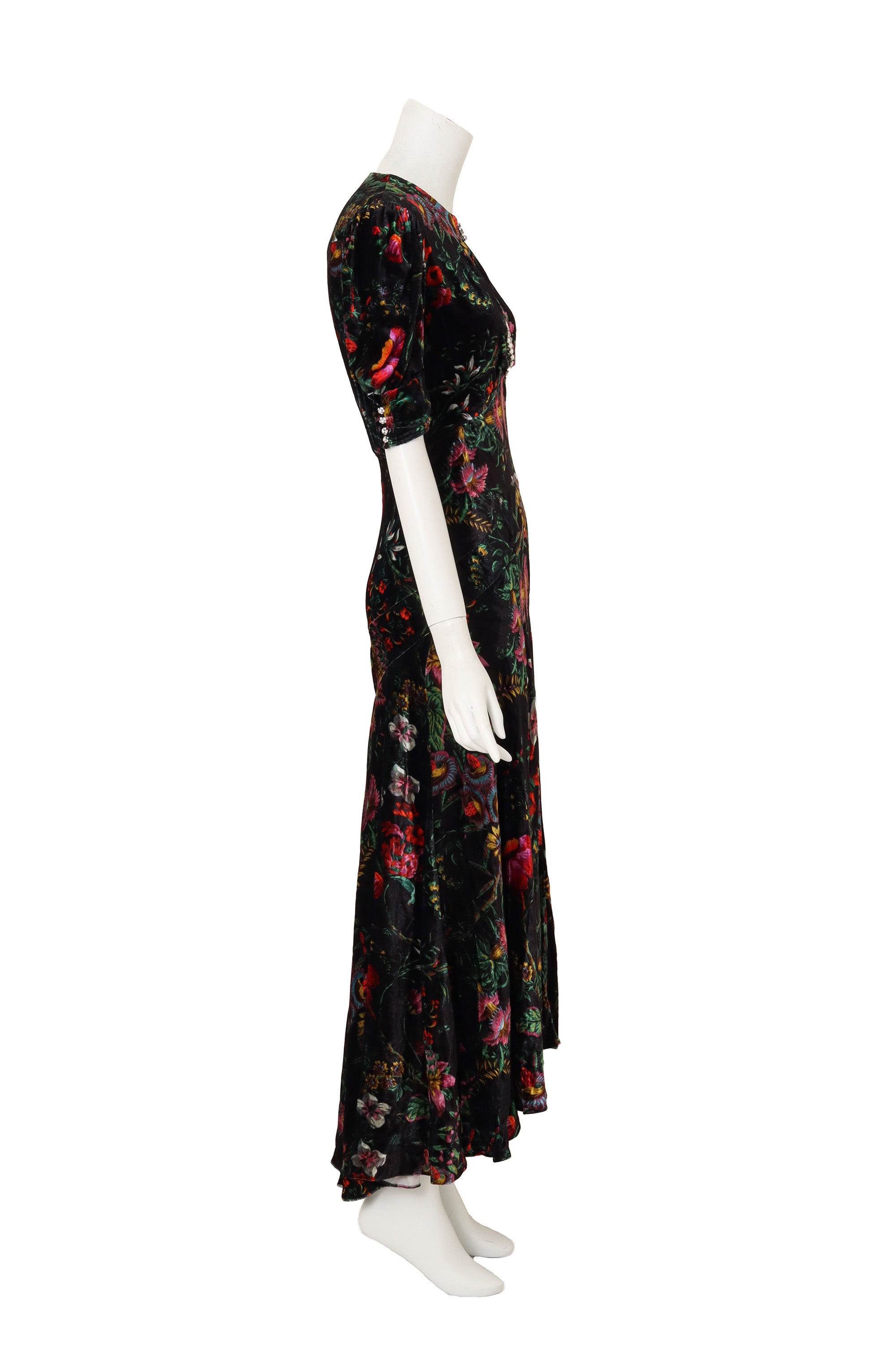 Floral Velvet Keyhole Dress by Paco Rabanne side of mannequin @ Recess LA