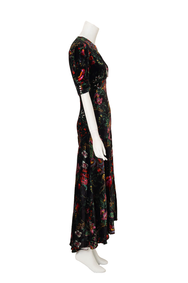 Floral Velvet Keyhole Dress by Paco Rabanne side of mannequin @ Recess LA