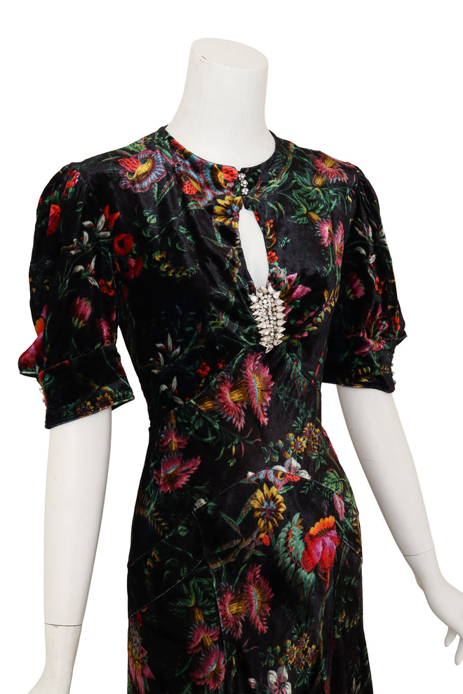 Floral Velvet Keyhole Dress by Paco Rabanne closer up on mannequin @ Recess LA