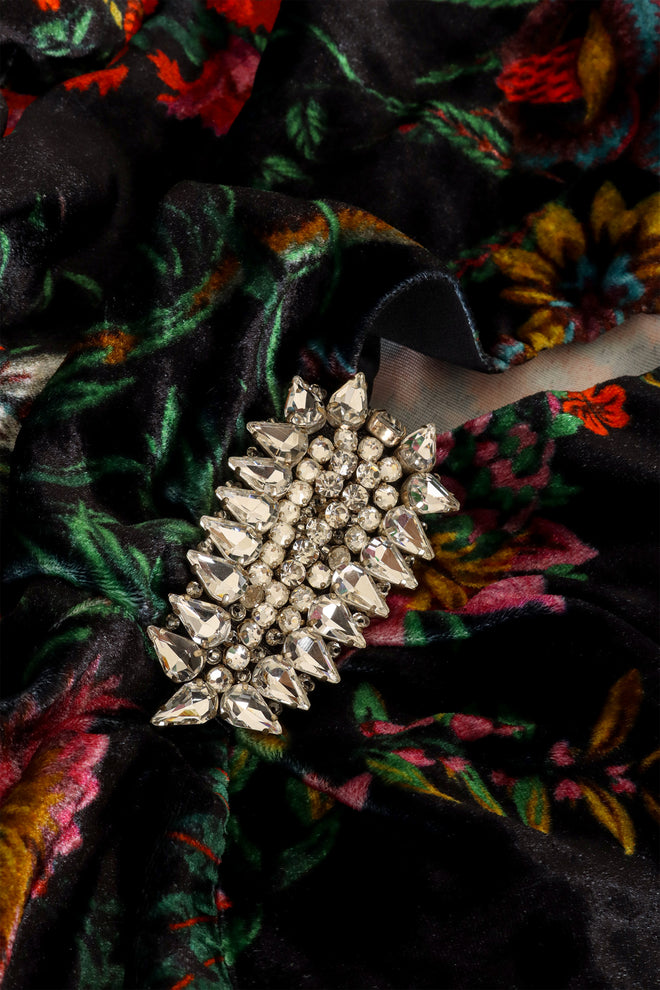 Floral Velvet Keyhole Dress by Paco Rabanne closer up on rhinestone detailing @ Recess LA