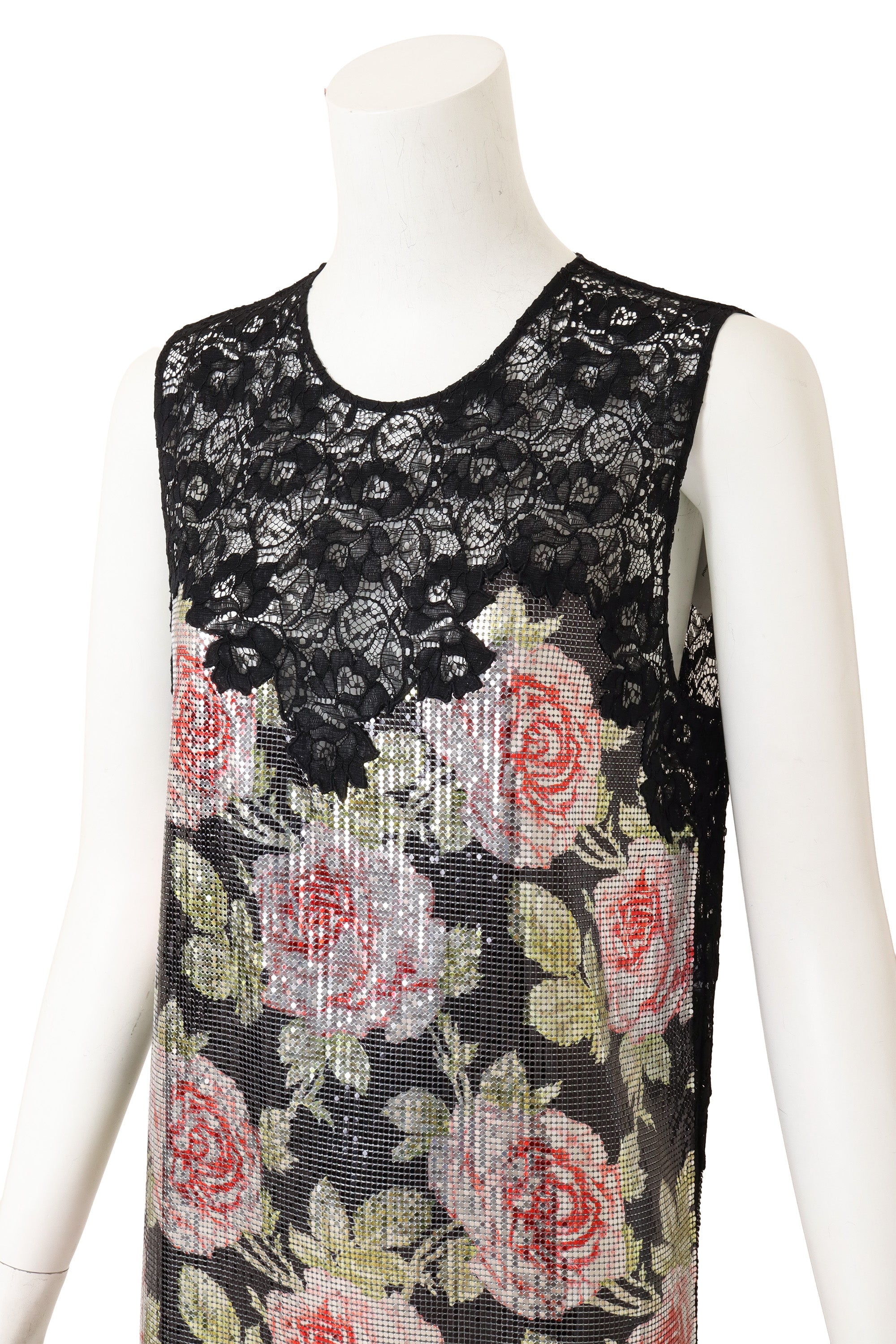 Floral Chainmail Lace Shift Dress by Paco Rabanne at angle closer up on mannequin @ Recess LA