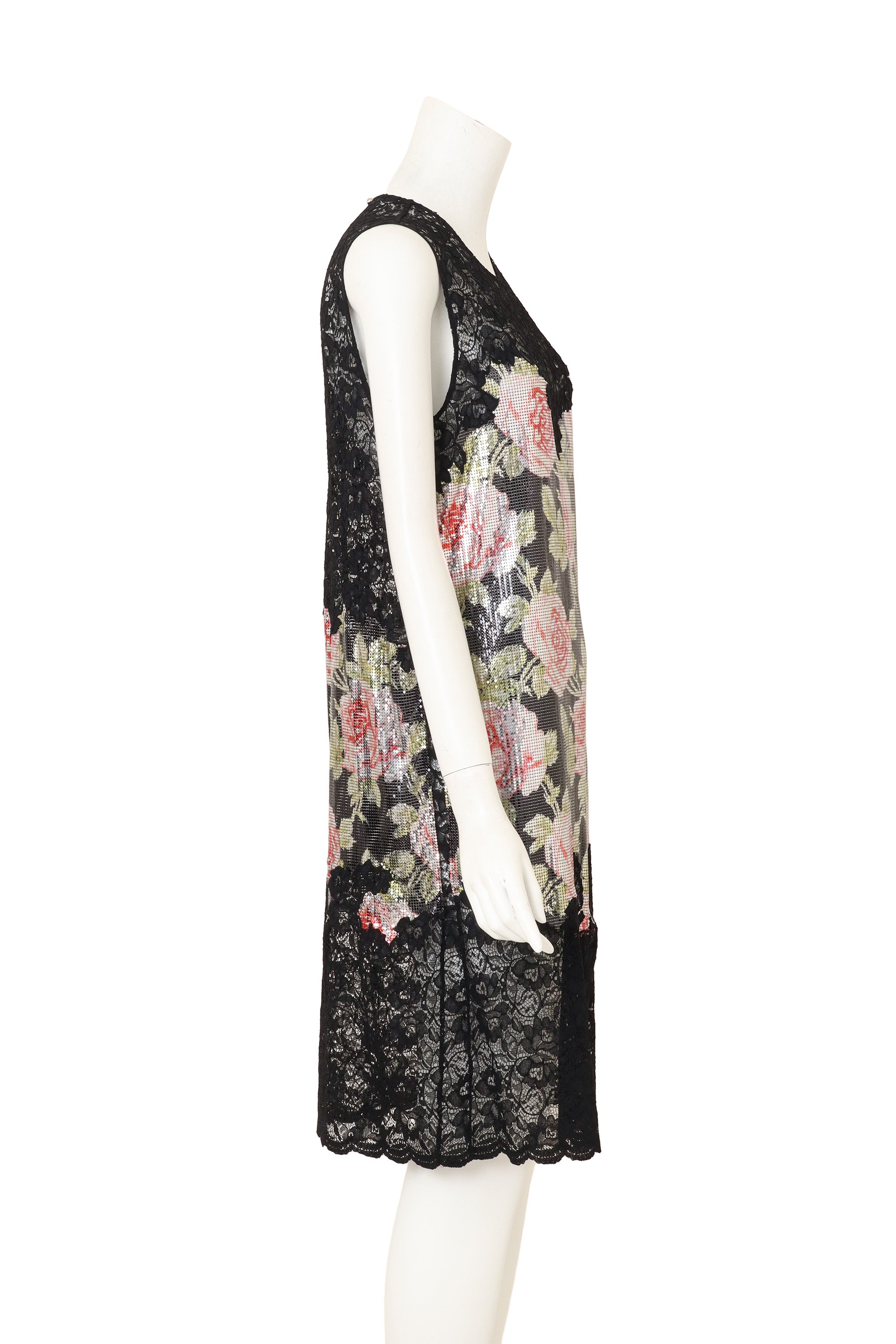 Floral Chainmail Lace Shift Dress by Paco Rabanne side view on mannequin @ Recess LA