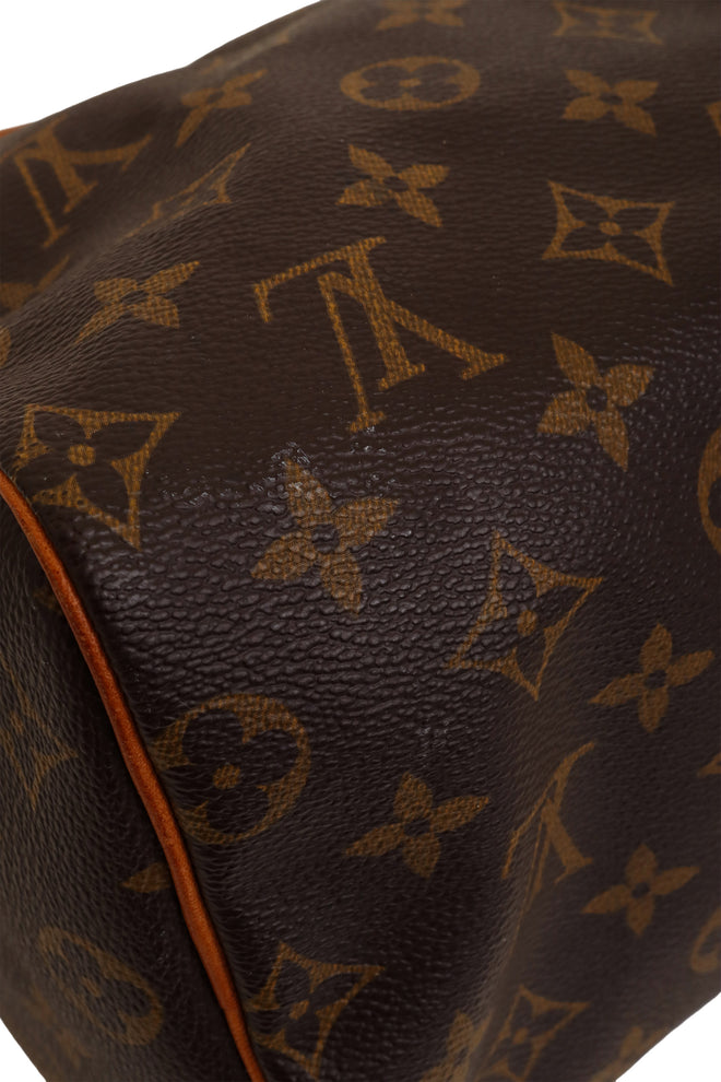 Monogram Canvas Speedy 30 Bag side by Louis Vuitton white scuffing to bottom of leather @ Recess LA