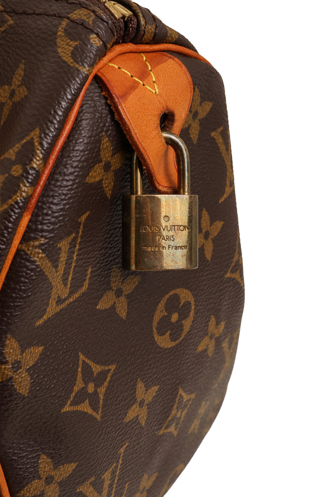 Monogram Canvas Speedy 30 Bag side by Louis Vuitton signature on lock hardware @ Recess LA