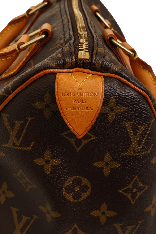 Monogram Canvas Speedy 30 Bag side by Louis Vuitton signature on side of bag @ Recess LA
