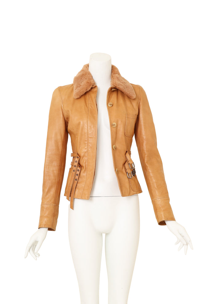 Galliano Detachable Fur Collar Leather Jacket on mannequin open @ Recess LA