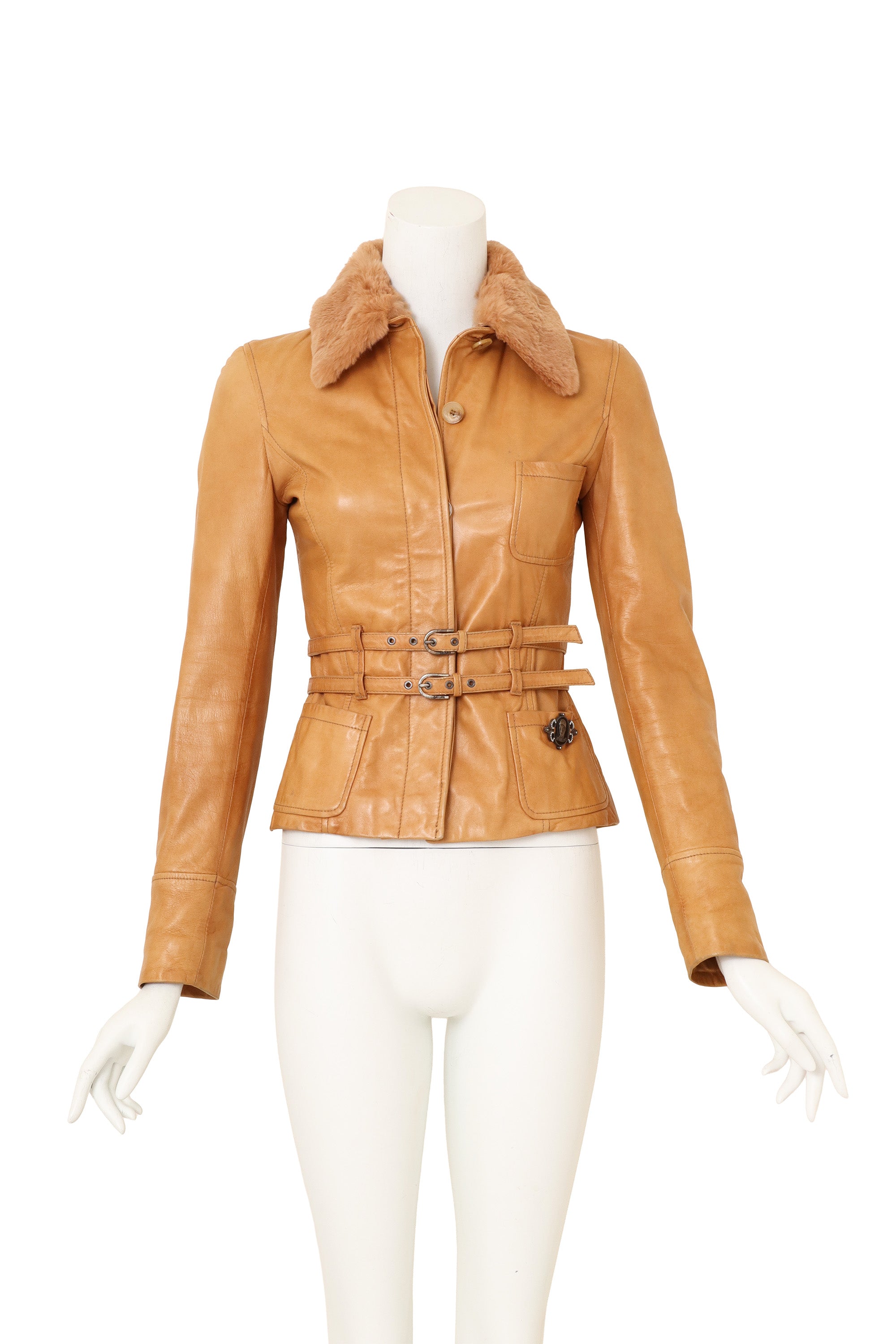 Galliano Detachable Fur Collar Leather Jacket on mannequin @ Recess LA
