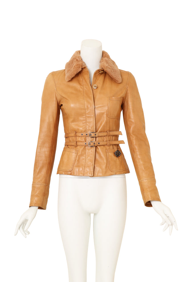 Galliano Detachable Fur Collar Leather Jacket on mannequin @ Recess LA