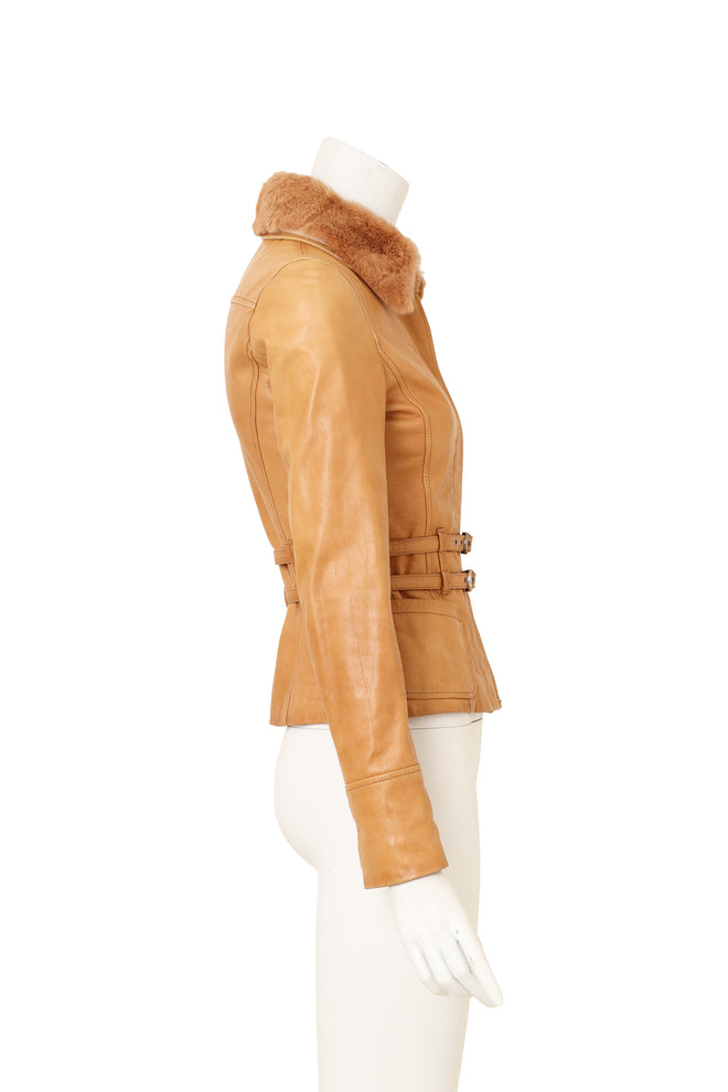 Galliano Detachable Fur Collar Leather Jacket on mannequin side @ Recess LA