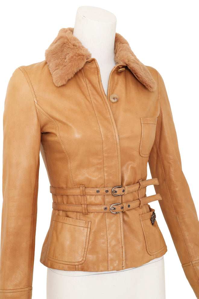 Galliano Detachable Fur Collar Leather Jacket on mannequin close @ Recess LA