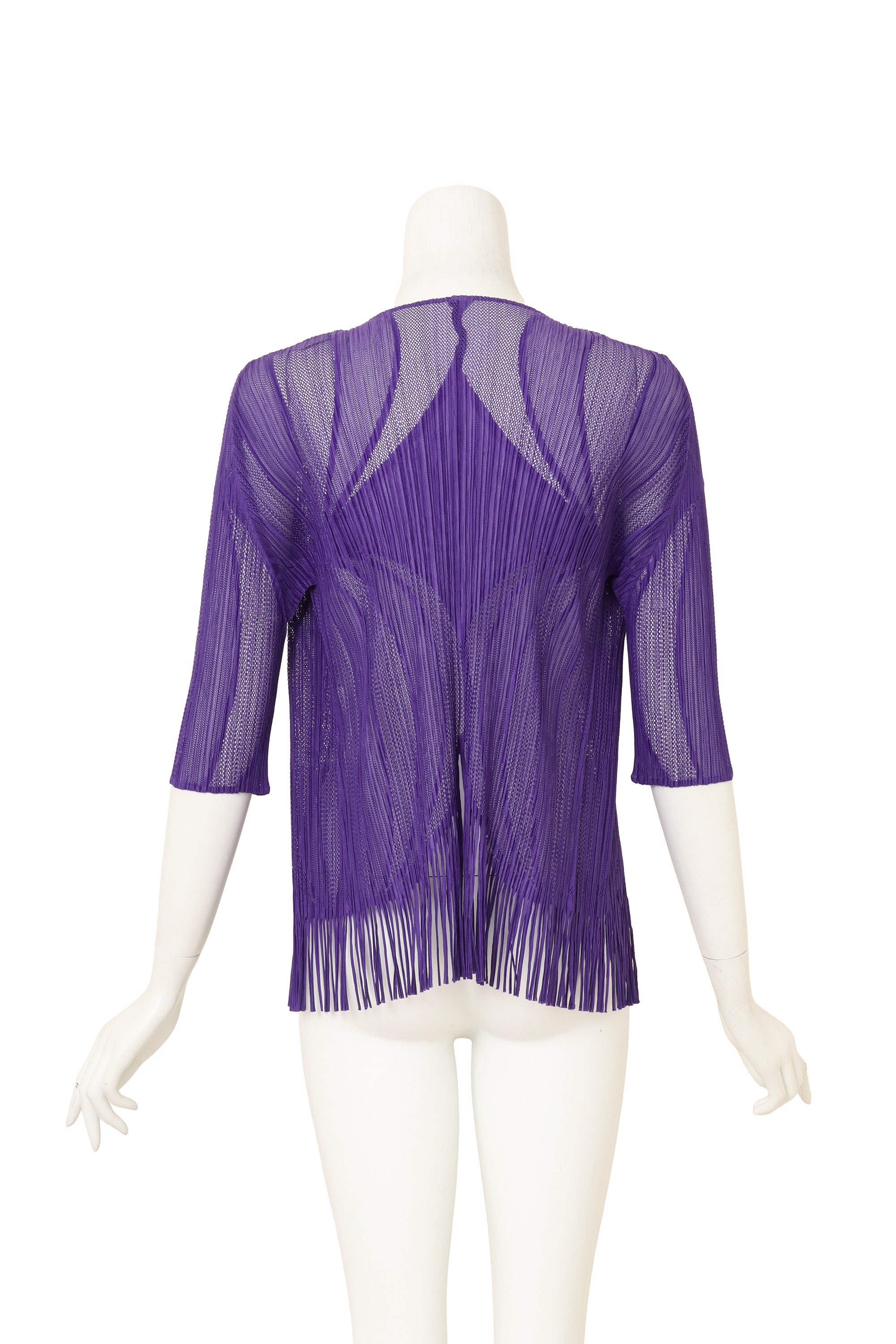 Vintage Pleats Please Issey Miyake Mesh Fringe Cardigan on mannequin back @ Recess LA
