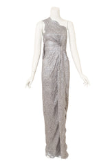 Dsquared2 One-Shoulder Metallic Lace Gown on mannequin @ Recess LA