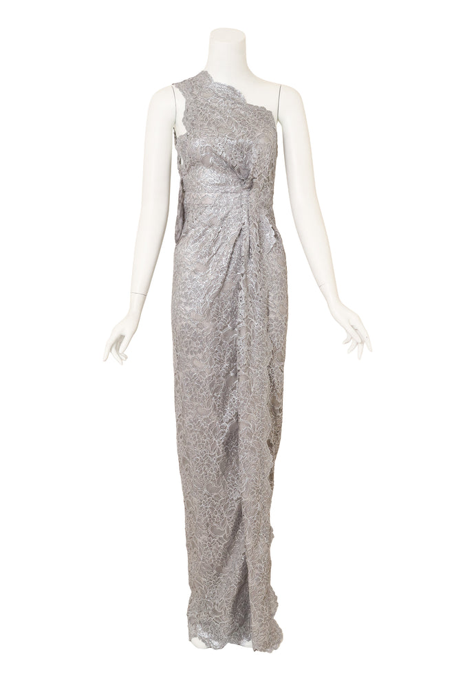 Dsquared2 One-Shoulder Metallic Lace Gown on mannequin @ Recess LA