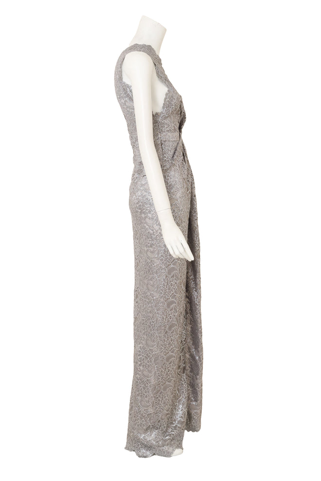 Dsquared2 One-Shoulder Metallic Lace Gown on mannequin side @ Recess LA