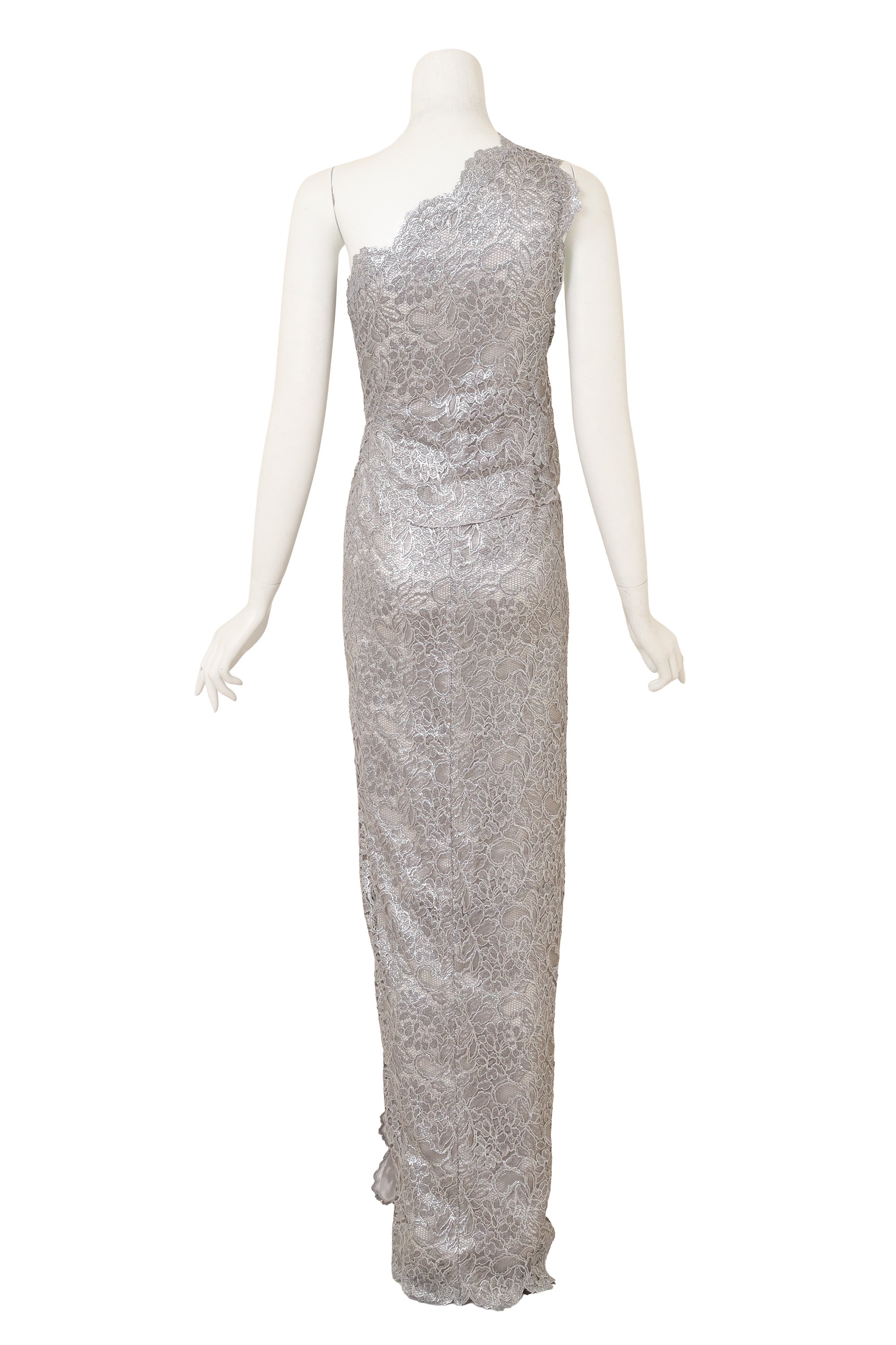 Dsquared2 One-Shoulder Metallic Lace Gown on mannequin back @ Recess LA 
