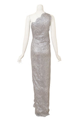 Dsquared2 One-Shoulder Metallic Lace Gown on mannequin back @ Recess LA 