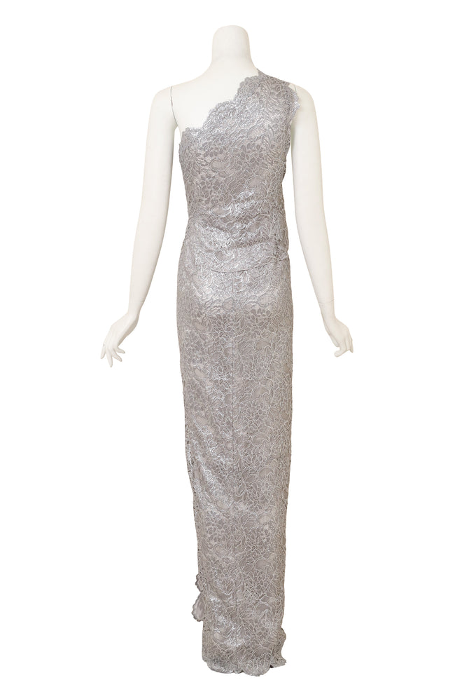 Dsquared2 One-Shoulder Metallic Lace Gown on mannequin back @ Recess LA 